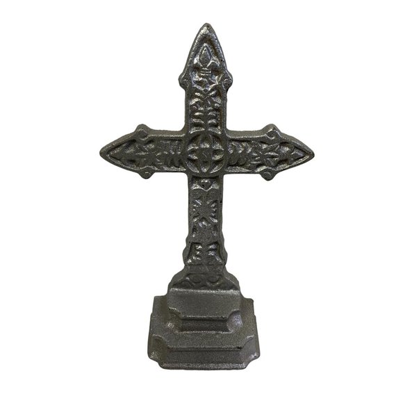 Vintage FLEUR DE LIS CAST IRON CROSS Standing Decorative Christian Symbol Table - Picture 2 of 3